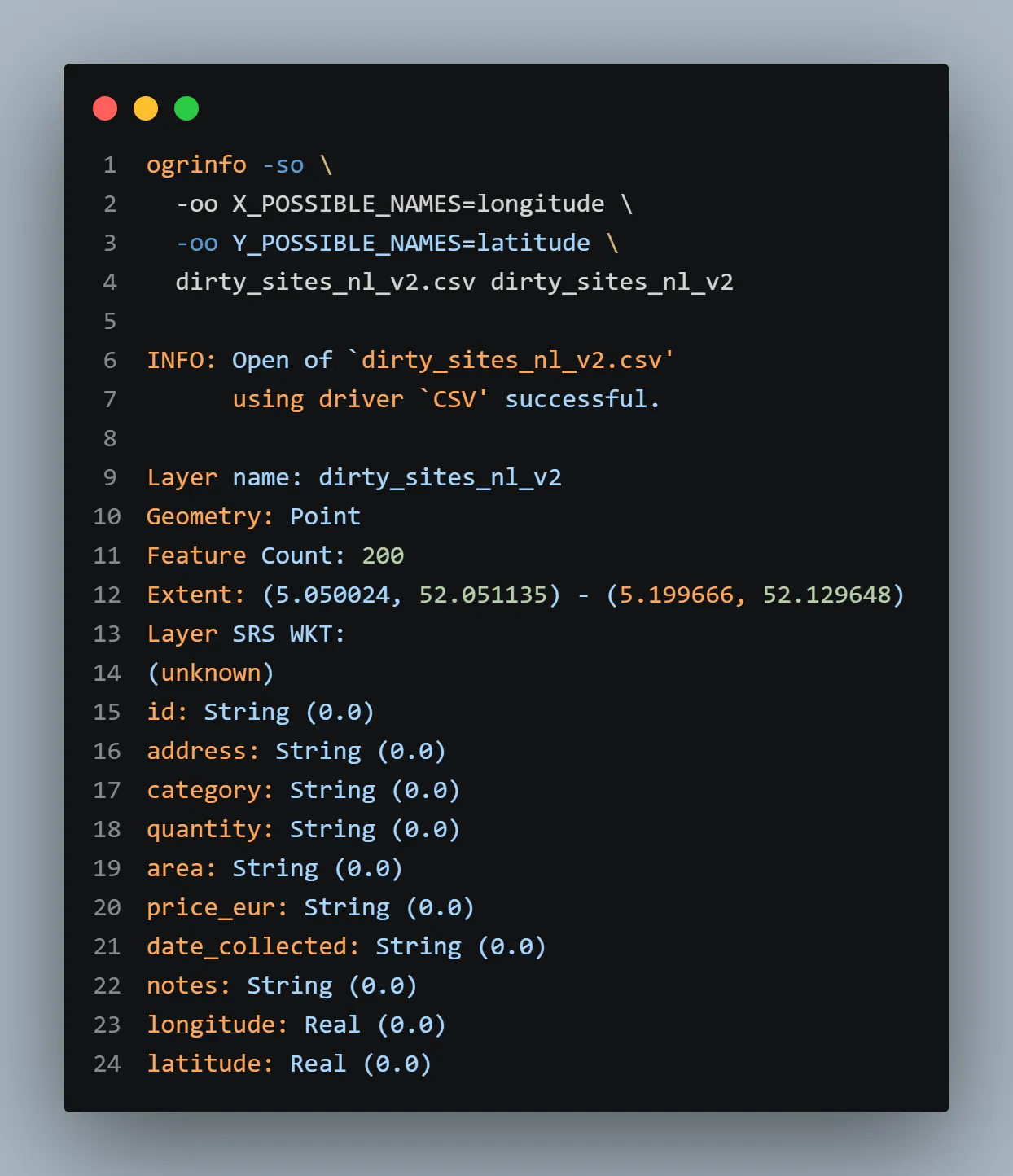 Terminal screenshot: Coordinate and geometry inspection