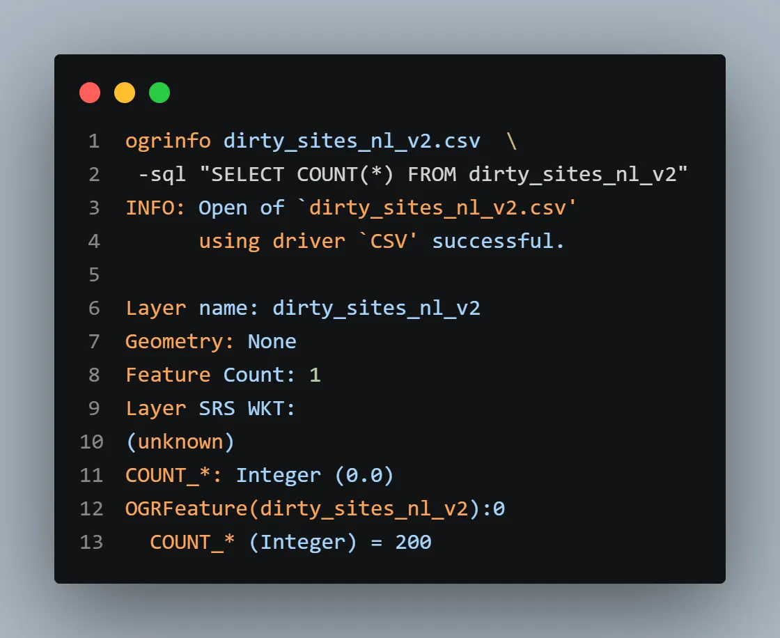 Terminal screenshot: Record-count verification with GDAL SQL