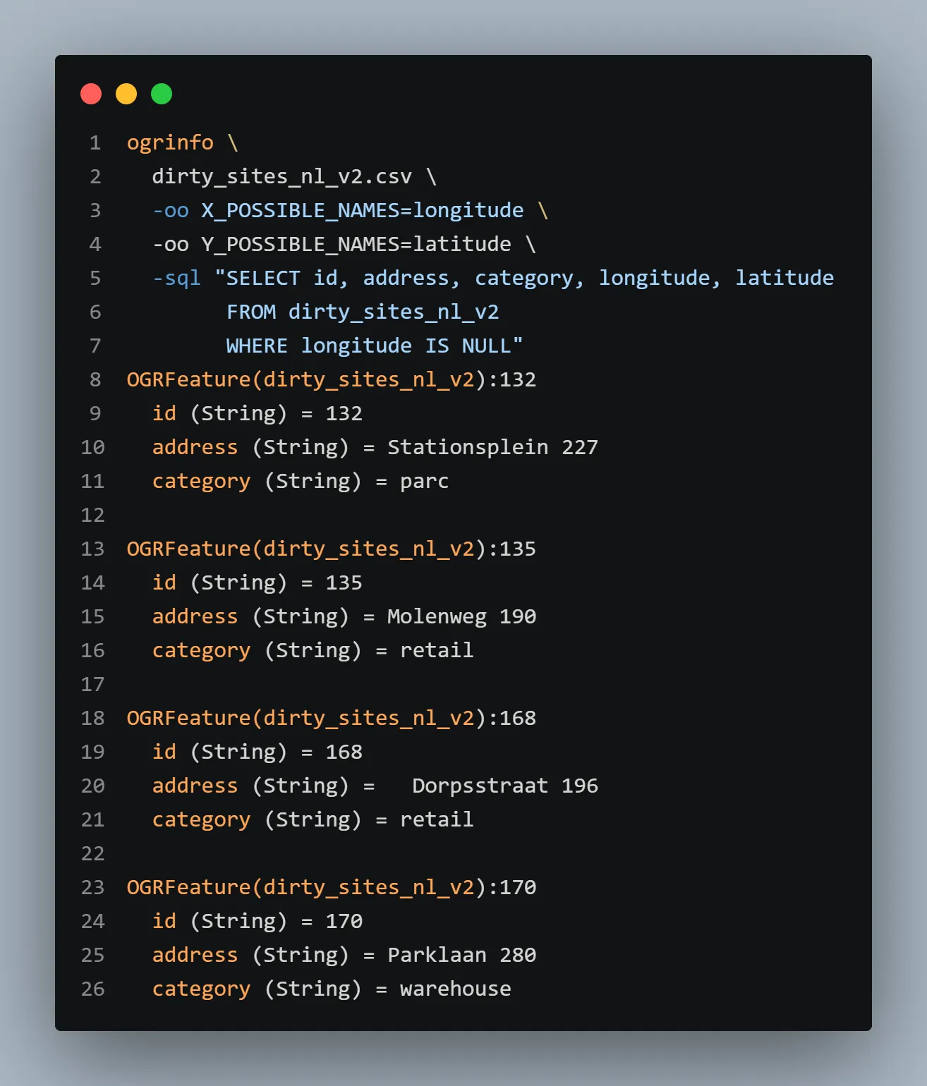 Terminal screenshot: Identification of records with missing coordinates